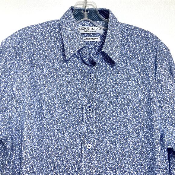Nick Graham Everywhere Shirt Blue Paisley Flip Cuff Modern Fit 15.5 34-35 M - Picture 2 of 14